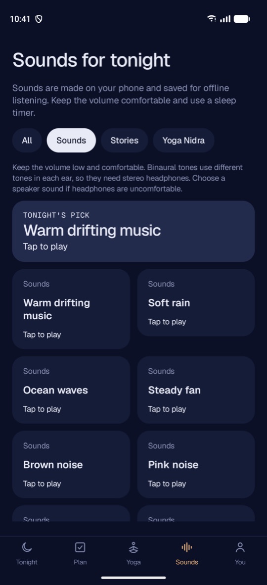 The Sounds screen: warm drifting music, soft rain, ocean waves, a steady fan, brown noise and pink noise, each one tap to play.