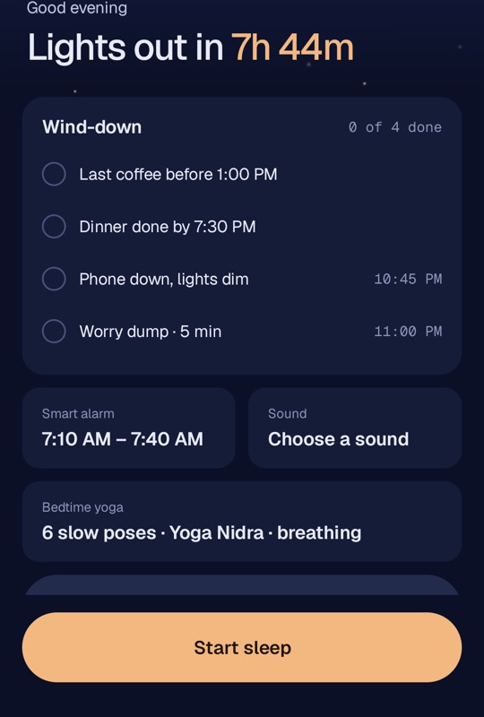 The Tonight screen: Lights out in 7 hours 44 minutes, a wind-down checklist with last coffee, dinner, phone down and a five-minute worry dump, the smart alarm window and a Start sleep button.